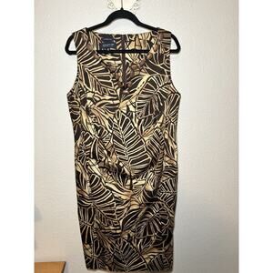 Jones New York Sheath Dress SZ 16W Brown/Beige Print w/ Wooden Bead Accents